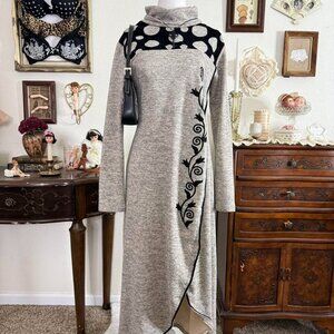 boho witchy whimsigoth long dress w velvet polkadot and floral detail